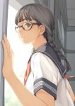  1girl bangs black-framed_glasses black_hair blunt_bangs braid highres indoors kamo_(gafas) long_hair looking_to_the_side original school_uniform serafuku short_sleeves solo twin_braids twintails upper_body window 