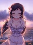  1girl blush breasts cleavage closed_eyes dress earrings flower hair_flower hair_ornament highres jewelry langbazi long_hair love_live!_school_idol_project ocean purple_hair signature solo sunset toujou_nozomi twintails 