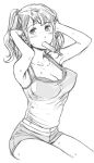  1girl adjusting_hair armpits arms_up blush breasts cleavage cuvie greyscale monochrome mouth_hold original ponytail popsicle see-through short_shorts shorts sketch solo sweat tank_top 
