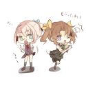  2girls :&gt; ;&gt; ahoge aqua_eyes assisted_exposure bike_shorts blush brown_hair chibirisu gloves hair_ornament hair_ribbon highres kagerou_(kantai_collection) kantai_collection kneehighs long_hair multiple_girls open_mouth panties pink_hair ponytail ribbon school_uniform serafuku shiranui_(kantai_collection) short_hair simple_background skirt translated triangle_mouth twintails underwear uniform violet_eyes white_background white_panties 