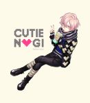  1boy agg_(artist) artist_name boots character_name dated drinking grey_eyes jacket kneehighs long_sleeves male_focus mikado_nagi pink_hair scarf short_hair solo straw striped striped_legwear uta_no_prince-sama v 