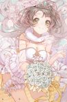  1girl blush bouquet breasts bridal_veil bride cleavage dress earrings flower frills jewelry long_hair looking_at_viewer love_live!_school_idol_project minami_kotori mins_(minevi) silver_hair skirt smile solo thigh_strap tiara veil wedding_dress white_dress yellow_eyes 