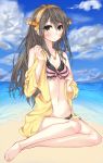  1girl barefoot beach bikini blush breasts brown_eyes brown_hair cleavage hairband haruna_(kantai_collection) hypertan jewelry kantai_collection long_hair looking_at_viewer navel necklace sand sitting solo swimsuit water 