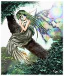  blue_eyes dress green_hair pointed_ears tree wings 