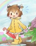  1girl alternate_costume animal_ears boots brown_hair cat_ears cat_tail chen ibarashiro_natou jewelry multiple_tails nekomata puddle rainbow short_hair single_earring snail solo tail touhou two_tails umbrella 