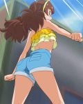  1girl amanogawa_kirara bare_shoulders breasts brown_hair from_behind from_below go!_princess_precure hairband haruyama_kazunori long_hair midriff precure shorts solo twintails under_boob 