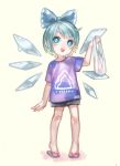  1girl alternate_costume bag bandaid blue_eyes blue_hair bow cirno contemporary full_body hair_bow hair_ornament hair_ribbon highres ice ice_wings looking_up open_mouth ribbon sandals shirt short_hair short_sleeves shorts simple_background smile solo touhou usudaidai wings yellow_background 