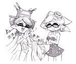  +_+ 2girls :d aori_(splatoon) breasts cleavage detached_collar domino_mask dress earrings fangs gloves hotaru_(splatoon) jewelry laughing long_hair mask monochrome multiple_girls object_on_head open_mouth pointy_ears short_hair simple_background smile splatoon strapless_dress tentacle_hair white_background yuta_agc 