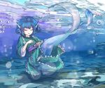  1girl blue_hair bubble closed_eyes dress drill_hair frills green_dress head_fins japanese_clothes kimono long_sleeves mermaid monster_girl nori_(stak819) obi open_mouth ribbon sash short_hair solo touhou underwater wakasagihime wide_sleeves 