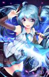  blue_eyes blue_hair boots happy hatsune_miku headphones high_resolution long_hair microphone necktie skirt squ-chan twintails vocaloid 