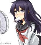  1girl akatsuki_(kantai_collection) anchor anchor_symbol blue_eyes blue_hair blush commentary_request don_(29219) electric_fan fan food hair_between_eyes ice_cream kantai_collection long_hair melting popsicle school_uniform serafuku simple_background skirt solo sweat twitter_username v_arms white_background 