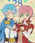  2boys ascot belt blue_hair blush cape closed_eyes duo earrings european_clothes green_eyes iii_(yu-gi-oh!_zexal) jewelry male mask mask_removed medium_hair multiple_boys number okudaira_fuya open_mouth piercing pink_hair pixiv_id_181399 short_hair star_(symbol) text traditional_clothes tron_family yu-gi-oh! yu-gi-oh!_zexal 