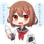  1girl bottle brown_eyes brown_hair commentary_request hair_ornament hairclip ikazuchi_(kantai_collection) kantai_collection looking_at_viewer neckerchief open_mouth sad_fuka school_uniform serafuku smile solo translation_request upper_body 