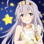  1girl ahoge braid dress gloves grey_hair hoshi_shouko idolmaster idolmaster_cinderella_girls jewelry long_hair looking_at_viewer mizuki_makoto necklace ribbon smile solo star tiara violet_eyes white_dress white_gloves 