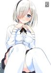  1girl alternate_costume blue_eyes blush breasts dated frown hair_ornament hair_over_one_eye hairband hamakaze_(kantai_collection) kantai_collection looking_at_viewer short_hair silver_hair simple_background skirt solo twitter_username virgin_killer_outfit weshika white_background white_legwear 