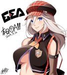  1girl alisa_ilinichina_amiella black_gloves blue_eyes breasts ccadaver elbow_gloves female fingerless_gloves gloves god_eater god_eater_burst hat izayoi_kaname long_hair under_boob white_hair 