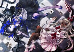  black_hair blonde blue_eyes cat dark_skin dress hasegawa_(pixiv_3029255) lolita_fashion long_hair nail_polish pantyhose red_eyes stuffed_animal stuffed_toy 