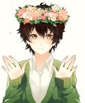  black_hair closed_mouth flower hair_flower hair_ornament head_wreath high_resolution kagerou_project kokonose_&quot;konoha&quot;_haruka light_background looking_at_viewer male pixiv_id_6492120 short_hair simple_background smile solo white_background 