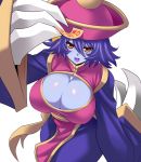  1girl adjusting_clothes adjusting_hat blue_hair blue_skin blush_stickers breasts brown_eyes chinese_clothes claws cleavage cleavage_cutout flipped_hair hat huge_breasts jiangshi konno_tohiro lei_lei looking_at_viewer ofuda open_mouth short_hair smile solo vampire_(game) 