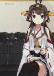  1girl :&gt; ahoge black_eyes black_legwear boots brown_hair cannon crossed_legs cup hakama_skirt headgear highres japanese_clothes kantai_collection kongou_(kantai_collection) konishi_(koconatu) long_hair nontraditional_miko official_art ribbon-trimmed_sleeves ribbon_trim saucer scan sitting smile solo tea teacup thigh-highs thigh_boots turret zettai_ryouiki 