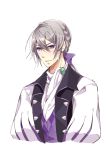  1boy blush fire_emblem fire_emblem_if grey_hair joker_(fire_emblem_if) low_ponytail solo violet_eyes white_background 