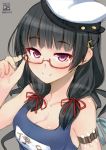  1girl adjusting_glasses bespectacled breasts dated glasses grey_background hat i-8_(kantai_collection) i-8_(kantai_collection)_(cosplay) isokaze_(kantai_collection) kantai_collection long_hair looking_at_viewer low_twintails pink_eyes red-framed_glasses school_swimsuit semi-rimless_glasses smile solo swimsuit twintails twitter_username under-rim_glasses upper_body weshika 