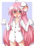  &gt;_&lt; 1girl blush collarbone face-to-face hata_no_kokoro long_hair looking_at_viewer naked_shirt open_mouth oversized_clothes panties pink_eyes pink_hair pink_panties shirt sleeves_past_wrists solo teoi_(good_chaos) thighs touhou underwear very_long_hair wavy_mouth 