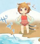  1girl alternate_costume animal_ears brown_hair cat_ears cat_tail chen ibarashiro_natou jewelry multiple_tails nekomata short_hair single_earring solo swimsuit tail touhou two_tails 
