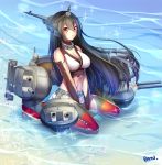  1girl bare_shoulders black_hair blush breasts cannon cleavage elbow_gloves full_body gloves headgear kantai_collection kashi_kosugi large_breasts long_hair looking_at_viewer mecha_musume midriff miniskirt nagato_(kantai_collection) navel outdoors pleated_skirt red_eyes signature sitting skirt solo sparkle thigh-highs turret v_arms wariza water 