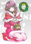  1girl bell brown_gloves capelet cuvie gift gloves kneeling long_hair looking_at_viewer original pink_hair red_eyes santa_costume sketch smile solo wreath 