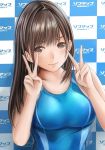  1girl anegasaki_nene blue_swimsuit blush breasts brown_eyes brown_hair checkered checkered_background double_v long_hair looking_at_viewer love_plus mole mole_under_eye nannacy7 official_style one-piece_swimsuit smile solo swimsuit upper_body v 