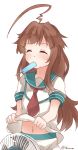  1girl ahoge brown_hair closed_eyes fan ido_(teketeke) kantai_collection kuma_(kantai_collection) long_hair neckerchief popsicle short_sleeves shorts simple_background solo sweat twitter_username white_background 