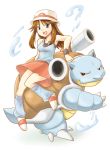  1girl blue_(pokemon) blue_eyes brown_hair hat pokemon pokemon_(creature) pokemon_special porkpie_hat sitting skirt unagi_(kobucha_blaster) water 