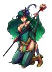  adult breasts cape cleavage detached_sleeves final_fantasy final_fantasy_iv green_hair hair_ornament jewelry long_hair rydia solo staff thigh-highs thighhighs 
