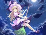  braid broom cloud clouds hat kirisame_marisa long_hair moon night satou_takeshi t-file touhou witch_hat yellow_eyes 