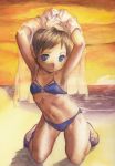  arms_up beach bikini blue_eyes brown_hair child kneeling ocean satou_toshiyuki sky smile sunset swimsuit 