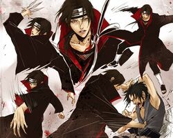  blood brothers fight fuuma_shuriken kunai lily_(artist) naruto shuriken siblings uchiha_itachi uchiha_sasuke weapon 