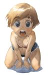  :o blue_eyes brown_hair child denim denim_shorts kneeling satou_toshiyuki short_hair shorts surprise surprised 