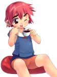  blush brown_eyes child coffee cup original red_hair redhead satou_toshiyuki short_hair sitting tongue 