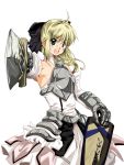  armor armored_dress armpits avalon_(fate/stay_night) bare_shoulders blonde_hair bow dress fate/stay_night fate/unlimited_codes fate_(series) foreshortening green_eyes hair_bow hair_ribbon ribbon saber saber_lily sheath shirokuro_ai_tama solo sword weapon 