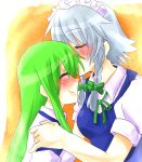  2girls blush closed_eyes forehead_kiss green_hair izayoi_sakuya kiss kochiya_sanae multiple_girls ribbon silver_hair touhou yuri 