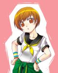  brown_eyes brown_hair jacket persona persona_4 satonaka_chie school_uniform seia_megumu seia_megumu_(pixiv) short_hair solo tomboy wristband 