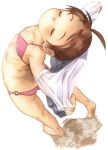 arched_back barefoot bikini blush brown_hair child happy outstretched_arms satou_toshiyuki short_hair smile spread_arms swimsuit traditional_media undressing 