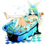  bad_id barefoot bath bathtub blonde_hair bubble_bath cocktail crossed_legs feet flower foam food fruit gradient_hair hair_ornament hair_ribbon hairclip hands highres kagamine_len kagamine_rin nude orange petals puppet ribbon rose rose_petal_bath rose_petals rubber_duck short_hair sitting soles solo toes vocaloid yuuno_(yukioka) 