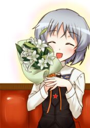  closed_eyes flower kuroba_(f-15c_eagle) kuroba_(pixiv112373) lily_(flower) necktie sanya_v_litvyak short_hair silver_hair smile strike_witches uniform 