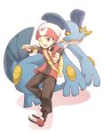  1boy bag beanie hat microphone pokemon pokemon_(creature) pokemon_special red_eyes ruby_(pokemon) swampert unagi_(kobucha_blaster) wink 