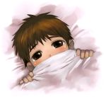  bed_sheet blush brown_eyes brown_hair hiding loli original satou_toshiyuki sheets shy 