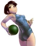  ass ball blush breasts brown_eyes brown_hair muscle one-piece_swimsuit satou_toshiyuki short_hair simple_background swimsuit 