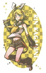  ? bad_id blue_eyes circus66 hair_ornament hair_ribbon hairclip kagamine_rin midriff ribbon short_hair shorts solo star vocaloid 