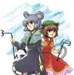  animal_ears brown_hair cat_ears cat_tail chen colored earrings grey_hair hat jewelry mouse_ears mouse_tail multiple_tails nazrin pendant red_eyes short_hair tail touhou 